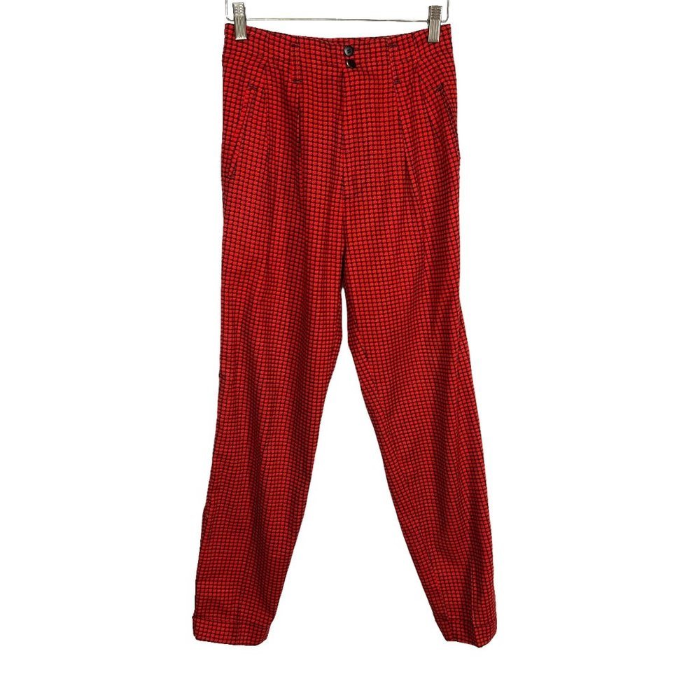 Vintage 90s Red Black Houndstooth High Rise Straight Leg Trouser Pants Size 8